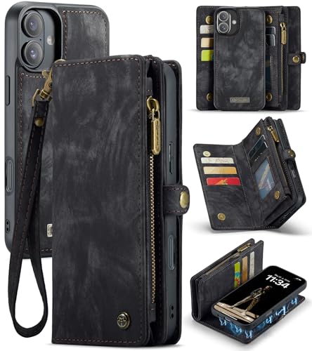 XIMAND für iPhone 16 Brieftaschen-Hülle mit 8 Kartenfächern, Magnetverschluss, Reißverschlusstasche, Klapptasche, abnehmbares magnetisches 2-in-1-Design, PU-Leder mit Trageschlaufe, Schwarz von XIMAND