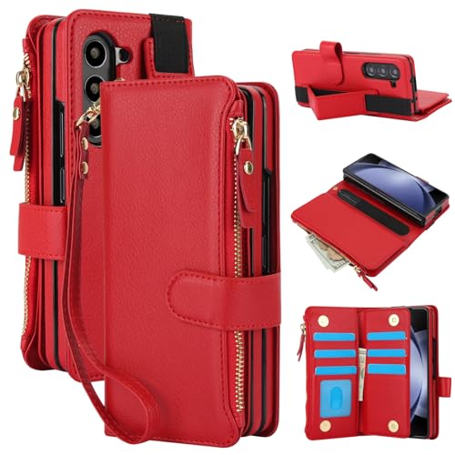 XIMAND für Samsung Galaxy Z Fold 6, Brieftaschen-Hülle mit 6 Kreditkartenfächern und Bargeldfach, Reißverschlussfach, Armband, RFID-blockierendem S-Pen-Halter, Magnetverschluss, Ständer. (Rot) von XIMAND