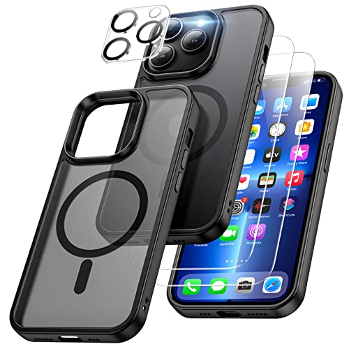 XINKAE 4 in 1 Handyhülle für iPhone 13 Pro Hülle mit Magsafe, Hülle iPhone 13 Pro mit Schutzglas, Militärqualität Handy Schutzhülle [stoßfest] [magnetisch] für Apple 13 Pro Cover Case. Matt Schwarz von XINKAE