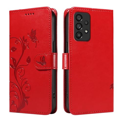 XINNI Hülle für Samsung Galaxy A52, Aprikosenblütenbaum Schmetterling Geprägte PU Leder Brieftasche Abdeckung, Rot von XINNI