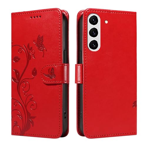 XINNI Hülle für Samsung Galaxy S22 Plus 5G, Aprikosenblütenbaum Schmetterling Geprägte PU Leder Brieftasche Abdeckung, Rot von XINNI