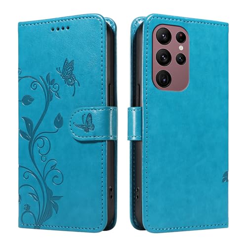 XINNI Hülle für Samsung Galaxy S22 Ultra 5G, Aprikosenblütenbaum Schmetterling Geprägte PU Leder Brieftasche Abdeckung, Blau von XINNI