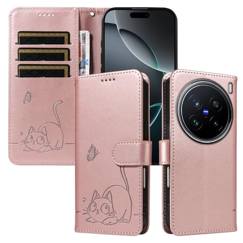 XINNI Hülle für vivo X200 Pro, Katze Schmetterling Geprägte PU Leder Brieftasche Abdeckung, Rosegold von XINNI