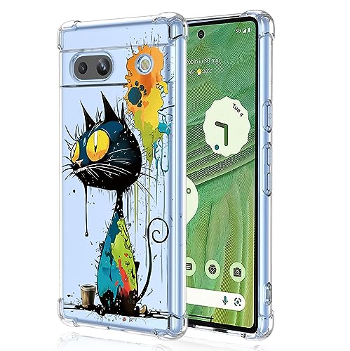 XINYEXIN Transparente Hülle für Google Pixel 7, Bunte Coole Kunst Graffiti Serie Süßes Muster, Ultra Dünn Stoßfest TPU Klare Handy Schutzhülle - Black Cat von XINYEXIN