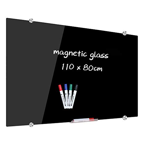 XIWODE Magnetisches Glas-Whiteboard, 110 x 80 cm, schwarz, wandmontiert, gehärtetes Glas, trocken abwischbar, rahmenlos, für Nachrichten, Notizen, Notizen und Home Office… von XIWODE