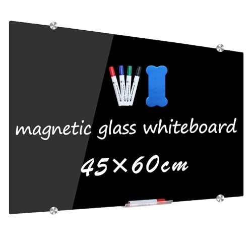 XIWODE 45 x 60cm schwarze Premium Glas Magnetplatte, glattes abgerundetes Design, beschreibbare Trockenwischplatte, magnetisches Memo für verschiedene Szenarien geeignet von XIWODE