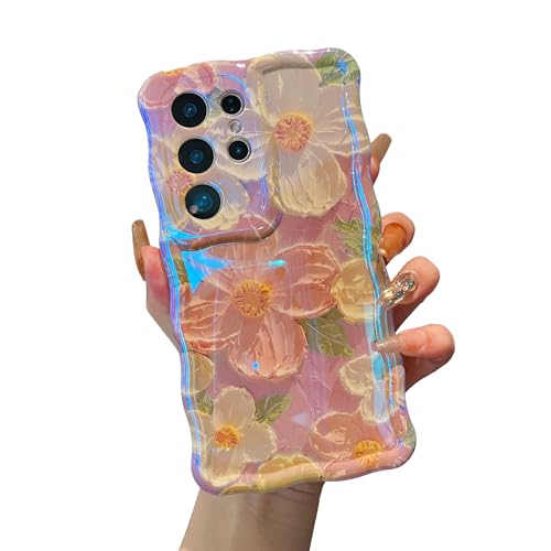 XIZYO Bunte Retro-Ölgemälde Blume Hülle für Samsung Galaxy S24 Ultra, Lockige Wellen Laser Glänzend Niedliche Floral Ästhetische Handyhülle, Mädchen Schlanke Weiche TPU Schutzhülle, Rosa von XIZYO