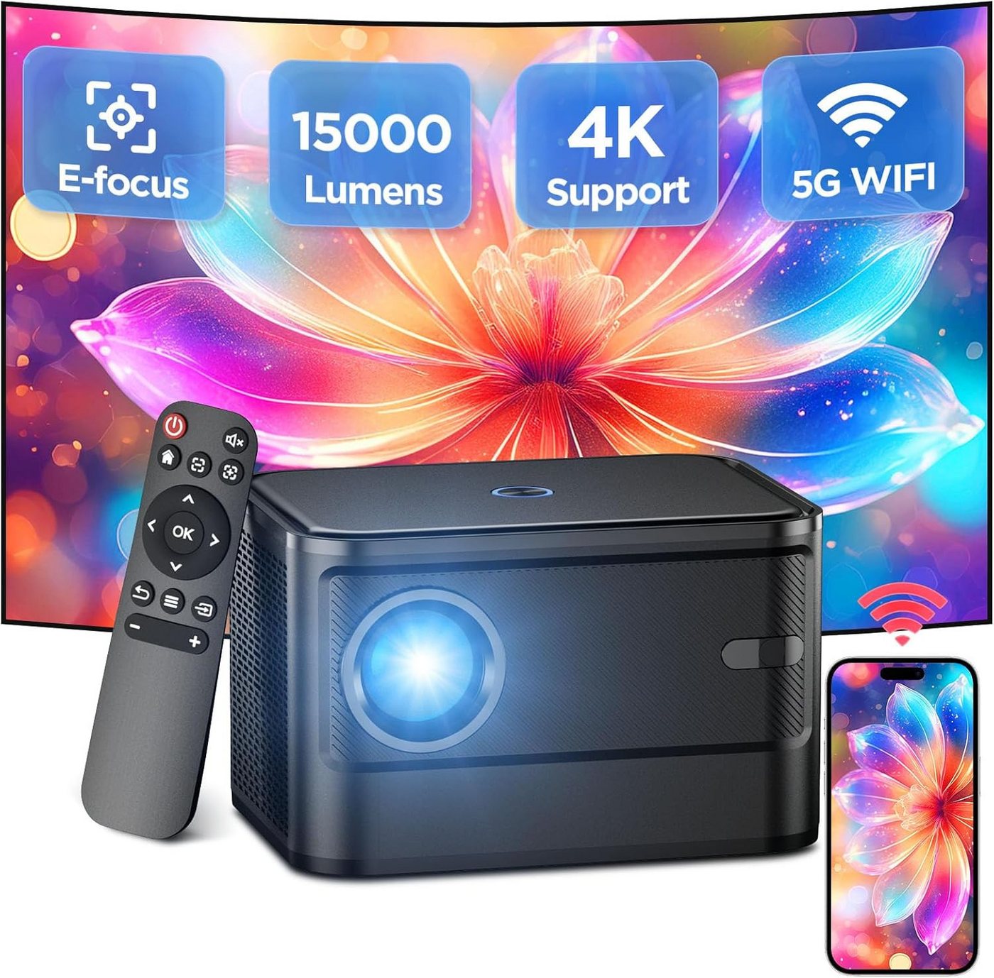 XJ-HOME Elektrischer Fokus 4K Unterstützt,5G WiFi LED Heimkino Portabler Projektor (15000 lm, 20000:1, 1920 x 1080 px, Kompatibel mit TV Stick/X-Box/DVD/HDMI/USB) von XJ-HOME