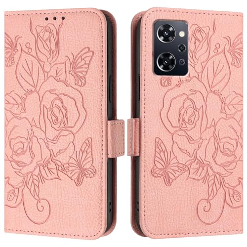 Telefonstil Kompatibel mit OPPO Reno 9A Hülle, Brieftaschen-Hülle, schlankes PU-Leder-Handy-Flip-Folio-Gehäuse, stoßfeste Schutzhülle mit Kartenhaltern + Handschlaufe Telefon-Bildschirmschutz(Pink) von XNCVBD