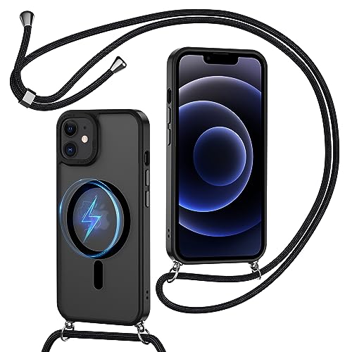 XTCASE Handykette für iPhone 12/12 Pro Hülle mit Band, Magnetisch Handyhülle kompatibel mit Magsafe, Matt Transluzente Kratzfeste PC Rückseite + TPU Bumper Case mit Umhängen, Schwarz von XTCASE