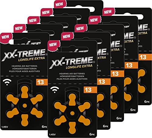 XX-Treme Longlife Extra Hörgerätebatterien Typ 13-60 Stück Hörgeräte Batterien konzipiert für höchste Leistung - Pack mit 10 Blistern à 6 Hörgerätebatterien – PR48 Farbcode orange 1,45 Volt von XX-Treme