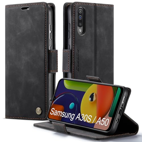 XYGLOW Handyhülle für Samsung Galaxy A50/A30S/A50S Hülle Klappbar Premium Lederhülle Klapphülle【RFID Schutz】 Kartenfach Standfunktion Schutzhülle für Samsung A50 Flip Case Wallet Tasche Cover,Schwarz von XYGLOW