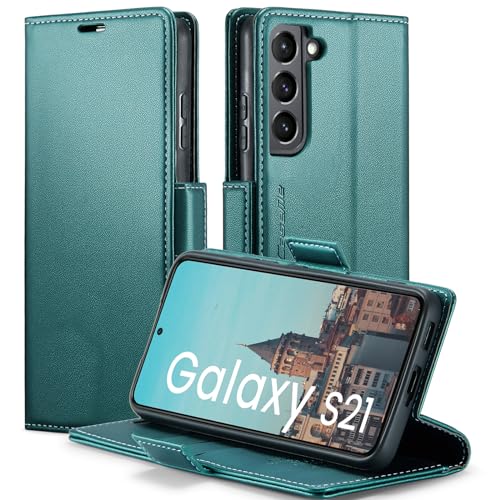 XYGLOW Handyhülle für Samsung Galaxy S21 Hülle Premium Leder Klappbar Kartenfach Magnet Standfunktion RFID Schutzhülle für Samsung S21 5G Flip Case Wallet Klapphülle Lederhülle Grün 6,2" von XYGLOW