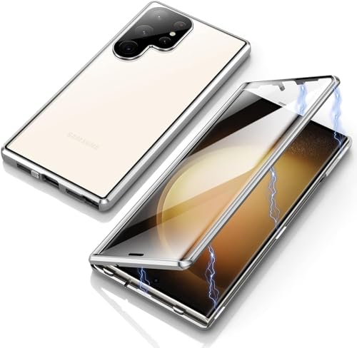 XYWCAI Hülle für Samsung Galaxy S24 Ultra hülle Magnetische Adsorption Handyhülle Kameraschutz Cover 360 Grad klar gehärtetes Glas Metallrahmen Handyhülle（Silber） von XYWCAI