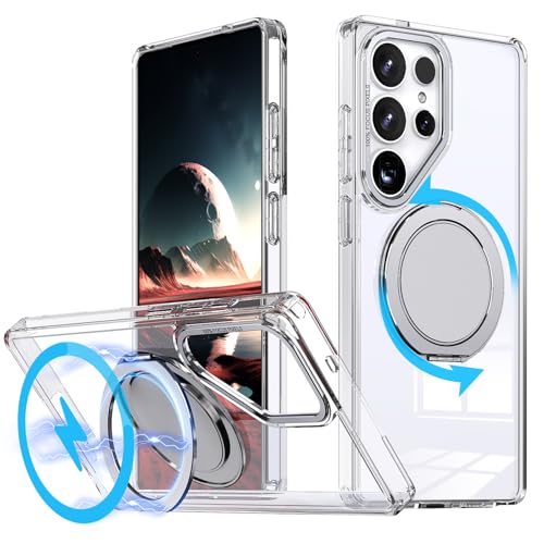 XYWCAI Magnetische Hülle für Samsung Galaxy S25 Ultra Case 360 Grad drehbarer Ringständer Handyhülle Silikon TPU Bumper PC Rückteil Stoßfest Schutzhülle, für Samsung S25 Ultra Hülle Transparent von XYWCAI