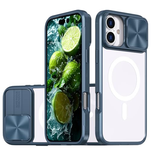 XYWCAI für iPhone 16 Magnetisch Hülle mit Kameraschutz Slide Handyhülle TPU Silikon und Hard PC Hybrid Stoßfest Case Transparent Schutzhülle (Blau) von XYWCAI