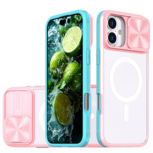 XYWCAI für iPhone 16 Magnetisch Hülle mit Kameraschutz Slide Handyhülle TPU Silikon und Hard PC Hybrid Stoßfest Case Transparent Schutzhülle (Rosa Cyan) von XYWCAI