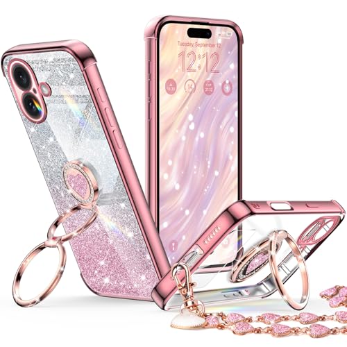 XYZ Schutzhülle für iPhone 16 Plus mit Ständer, Handyhülle mit Doppelring-Ständer, für Damen und Mädchen, glitzernd, transparent, Herzform, Roségold von XYZ