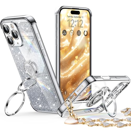 XYZ Schutzhülle für iPhone 16 Pro Max mit Ständer, Handyhülle mit Doppelring-Ständer, für Damen und Mädchen, süßes Liebesherz, luxuriös, glitzernd, für iPhone 16 Pro Max, Silber von XYZ