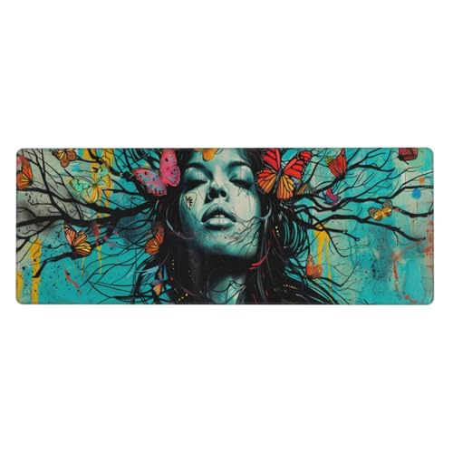 Frau Mousepad 1000x500x3mm Mauspad XXL Butterfly mit Genähten Kanten, Wasserdicht rutschfeste Gummibasis Verbessert Präzision und Geschwindigkei, Groß Gaming Mousepad für Home Office PC Laptop von Xeoyenle