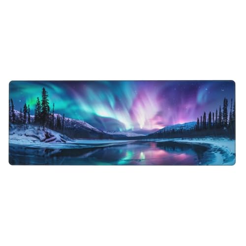 Schneeszene Mousepad XXL 700x300x3mm Groß Gaming Mauspad Northern Lights Mouse Pad mit Genähten Kanten, Wasserdicht Rutschfeste Gummibasis Verbessert Präzision und Geschwindigkei, für Office PC Lapto von Xeoyenle