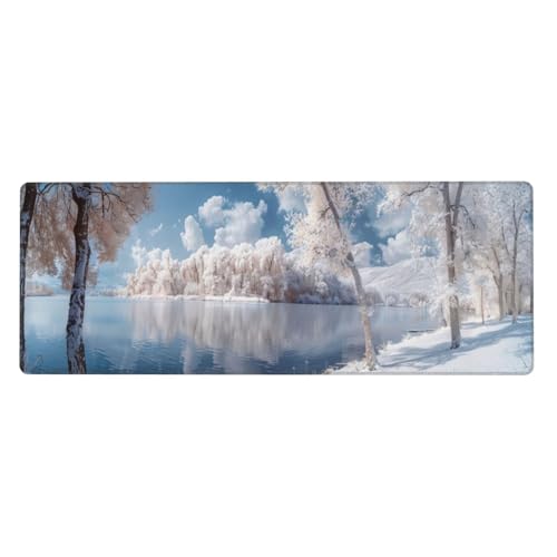 Schneeszene Mousepad XXL 800x400x3mm Groß Gaming Mauspad lake Mouse Pad mit Genähten Kanten,Wasserdicht Rutschfeste Gummibasis Verbessert Präzision und Geschwindigkei,Mauspad Groß Office PC Lapto von Xeoyenle