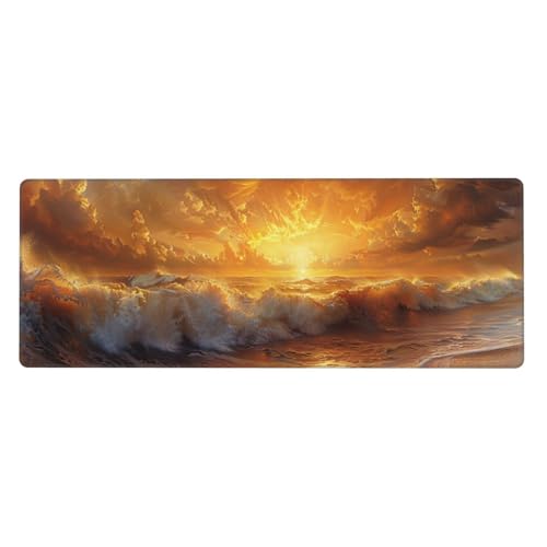 Wellen Mousepad XXL 700x300x3mm Groß Gaming Mauspad Sunset Mouse Pad mit Genähten Kanten,Wasserdicht Rutschfeste Gummibasis Verbessert Präzision und Geschwindigkei,Einfach Zu Reinigen Office PC Lapto von Xeoyenle