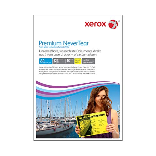 Xerox Premium NeverTear Kunststoffpapier 003R98128 - A4 210 x 297 mm, 160 g/m² - Spezialpapier für Laserdrucker und Kopierer - 10 Blatt - Neongelb von Xerox