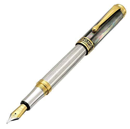 Xezo Maestro Fountain Pen, Medium Nib. 925 Sterling Silver with Tahitian Black Mother of Pearl and 18 Karat Gold Plating. Handcrafted, Limited Edition, Serialized von Xezo