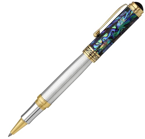 Xezo Maestro Rollerball Pen, Fine Point. Solid 925 Sterling Silver with Blue Pāua Sea Shell and 18 Karat Gold Plating. Handcrafted, Limited Edition, Serialized von Xezo