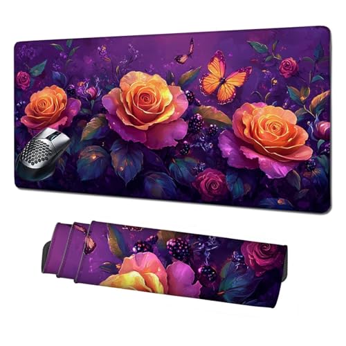 Gaming Mauspad XXL,900x400mm Mauspad Rose Mousepad Schmetterling Schreibtischunterlage mit rutschfeste Gummibasis,Vernähte Kanten Mouse Pad Verbessert Geschwindigkeit Präzision,Zubehör Gaming X1-372 von Xhgtehng