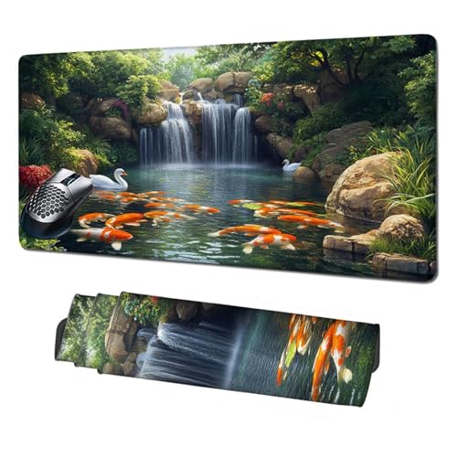 XXL Mauspad Wasserfall Mousepad 1600x800x3mm,rutschfeste Schreibtischunterlage Fisch Gaming Mauspad,Mouse Pad mit Vernähten Kanten,Wasserdicht Mauspads für PC,Büro,Laptop,Computer,Geschenke X1-381 von Xhgtehng