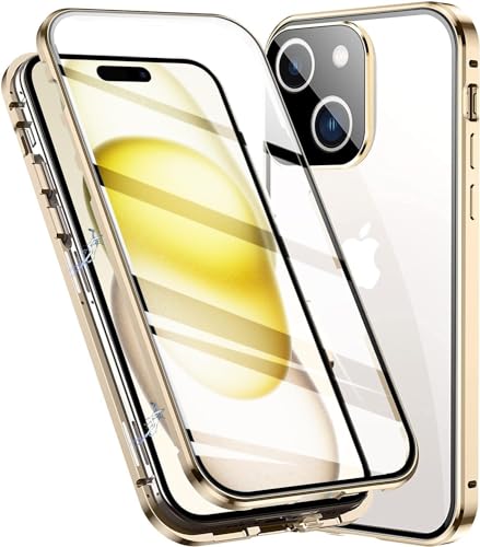 XiJiefa Magnetisch Handyhülle für iPhone 15 Plus 360° Starke magnetische Saugtelefonhülle, doppelseitige gehärtete Glas+Kamera Schutz+Metallrahmen SchutzCase，Handyhülle für iPhone15 Plus(Gold) von XiJiefa