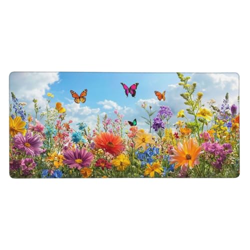 Gaming Mauspad Blumen, 23.6x11.8 inch XL Verlängertes Großes Mousepad Schmetterling Schreibtischauflage Langlebige Anti-Fray-Kanten Mauspad mit Wasserdicht Rutschfester Gummibasis, Gaming-Mauspad-C409 von Xiaboor