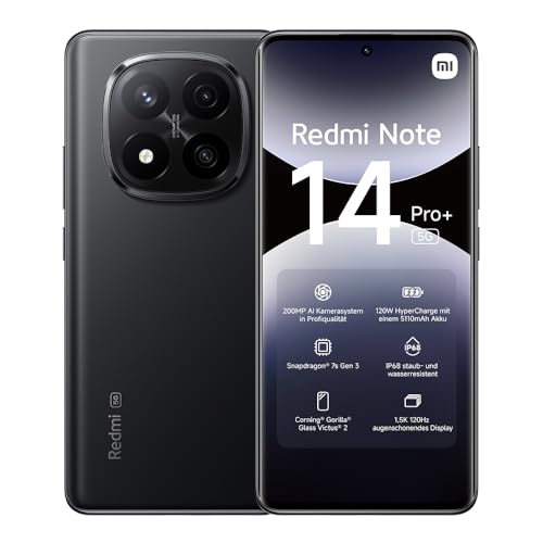 Xiaomi Redmi Note 14 Pro+ 5G Smartphone, 8 + 256GB, Black, 200MP professionelle AI-Kamera, IP68, 120W HyperCharge, AI-Funktionen (kein Ladegerät enthalten) von Xiaomi