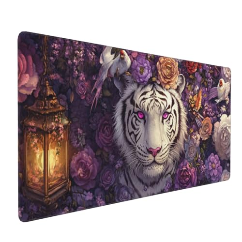 Gaming Mauspad XXL Blume Mousepad 1000x500x4mm Tiger Verlängertes Mauspad Schreibtischauflage,Genähte Kanten Mauspad,Verbessert Präzision und Geschwindigkeit Wasserdicht Geeignet für Büro und Spiele von Xieazgsn