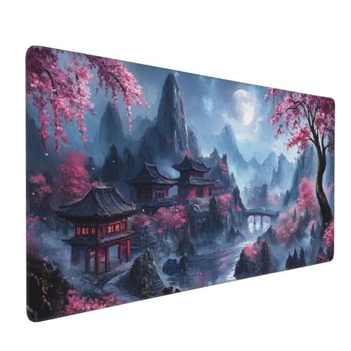 Gaming Mauspad XXL Japan Mousepad 1000x500x4mm Landschaft Verlängertes Mauspad Schreibtischauflage,Genähte Kanten Mauspad,Verbessert Präzision Geschwindigkeit Wasserdicht Geeignet für Büro und Spiele von Xieazgsn