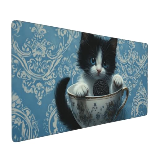 Gaming Mauspad XXL Katze Mousepad 900x400x4mm Kaffee Verlängertes Mauspad Schreibtischauflage,Genähte Kanten Mauspad,Verbessert Präzision und Geschwindigkeit Wasserdicht Geeignet für Büro und Spiele von Xieazgsn