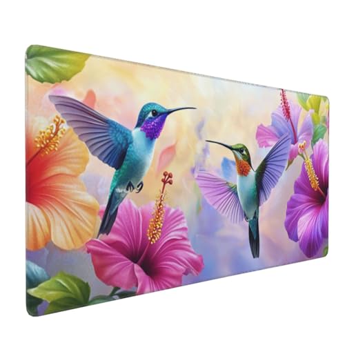 Gaming Mauspad XXL Kolibri Mousepad 1000x500x4mm Blume Verlängertes Mauspad Schreibtischauflage,Genähte Kanten Mauspad,Verbessert Präzision und Geschwindigkeit Wasserdicht Geeignet für Büro und Spiele von Xieazgsn