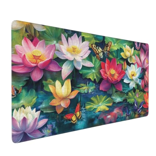 Gaming Mauspad XXL Lotus Mousepad 800x400x4mm Schmetterling Verlängertes Mauspad Schreibtischauflage,Genähte Kanten Mauspad,Verbessert Präzision Geschwindigkeit Wasserdicht Geeignet für Büro,Spiele von Xieazgsn