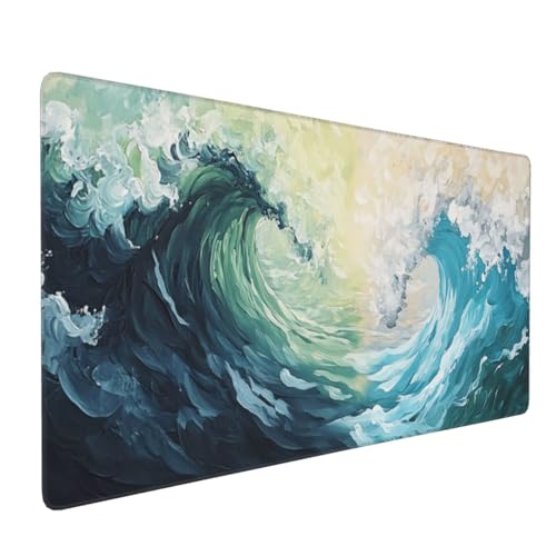 Gaming Mauspad XXL Wellen Mousepad 1000x500x4mm Ozean Verlängertes Mauspad Schreibtischauflage,Genähte Kanten Mauspad,Verbessert Präzision und Geschwindigkeit Wasserdicht Geeignet für Büro und Spiele von Xieazgsn