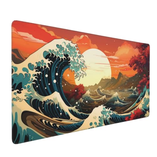 Gaming Mauspad XXL Wellen Mousepad 1200x600x4mm Sonnenuntergang Verlängertes Mauspad Schreibtischauflage,Genähte Kanten Mauspad,Verbessert Präzision Geschwindigkeit Wasserdicht Geeignet Büro Decor von Xieazgsn