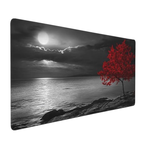 Mauspad rot schwarz Gaming Mauspad XXL 1200x600x4mm Mousepad Mondbaum,rutschfeste Gummibasis,Verlängertes Mousepad,Schreibtischunterlage, Verbessert Präzision und Geschwindigkei,für Frauen im Büro von Xieazgsn