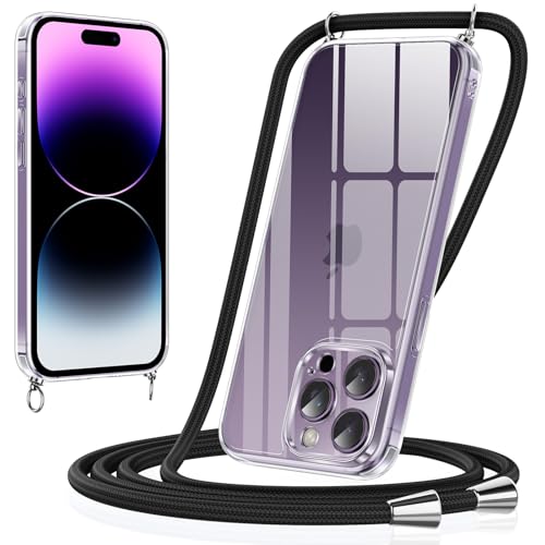 Xiltlly Handykette für iPhone 14 Pro Hülle mit Band Kette Handyhülle Dünn TPU Silikon Transparent zum Umhängen Stoßfest mit Kordel Necklace Schnur Schutzhülle Bumper Case für iPhone 14Pro, Schwarz von Xiltlly