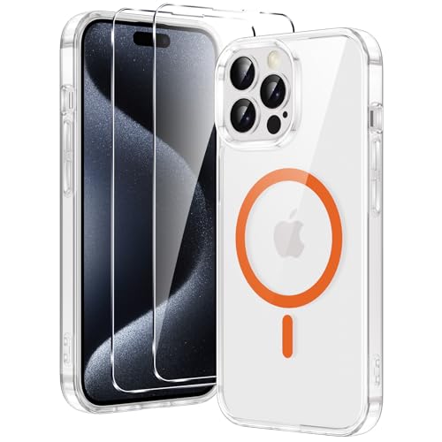 Xiltlly für iPhone 15 Pro Hülle, Magnetisch Handyhülle mit 2 Schutzfolie, Kompatibel mit MagSafe, TPU Stoßfeste Kratzfeste Schutzhülle für iPhone 15 Pro, Klar-orange von Xiltlly