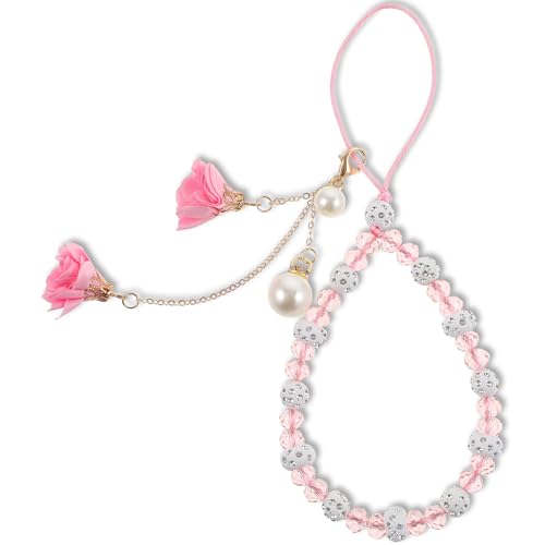 Anhänger Für Handyhülle Phone Charm Schlüsselanhänger Perlen Handykette Kurz Handyanhänger Handyarmband Handy Handykette Perlen Mit Blumen Telefon Handykette Universal Handgelenkschlaufe Rosa von Xinjoduz