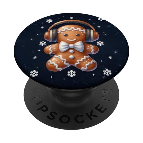 Lebkuchenmann mit Kopfhörern Schneeflocken Xmas DJ Gamer PopSockets Klebender PopGrip von Xmas Gamer Gingerbread