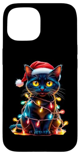 Hülle für iPhone 15 Katze Weihnachtsbeleuchtung Weihnachtsmannmütze Urlaub von Xmas Gifts