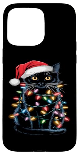 Hülle für iPhone 15 Pro Max Süße Katze Weihnachtsbeleuchtung Weihnachtsmannmütze von Xmas Gifts