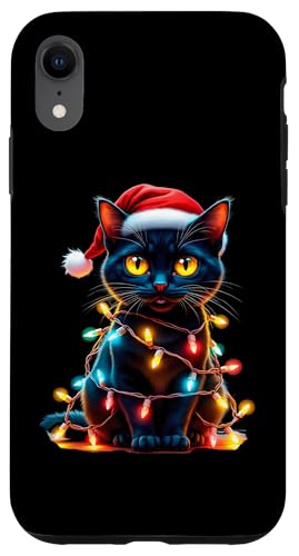 Hülle für iPhone XR Katze Weihnachtsbeleuchtung Weihnachtsmannmütze Urlaub von Xmas Gifts